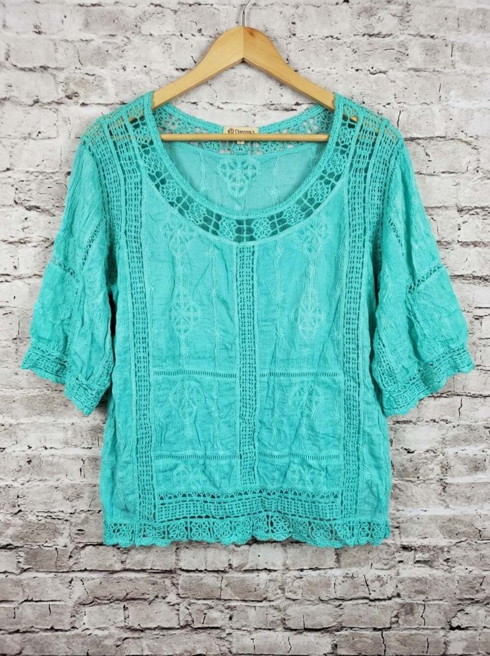 Democracy Crochet Trim 3/4 Flutter Sleeve Cotton Blouse in Teal - Picture 3 of 9
